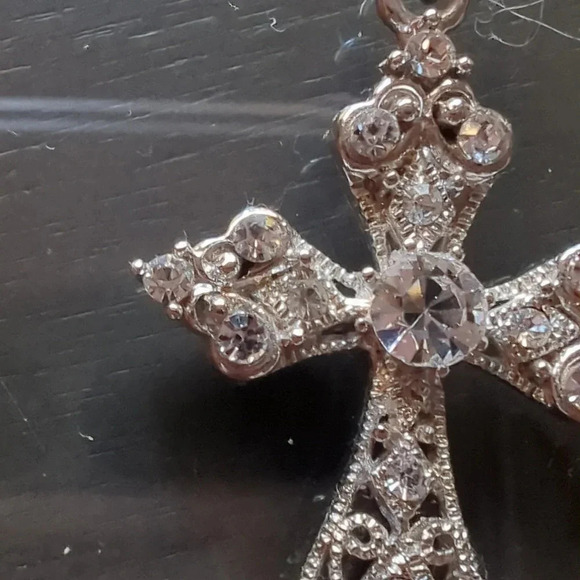 Trinity Filigree Cross Pendant with Rhinestones Silvertone (No Chain) - Picture 4 of 5